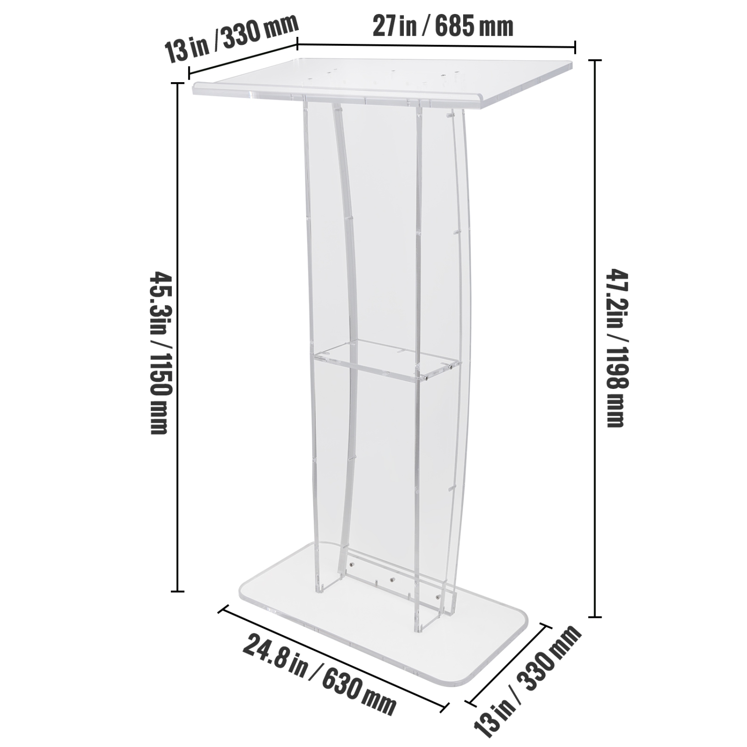 Podium en acrylique de 47&nbsp;po de haut VEVOR, poteau en acrylique transparent, grande surface de lecture et tablette de rangement, pattes