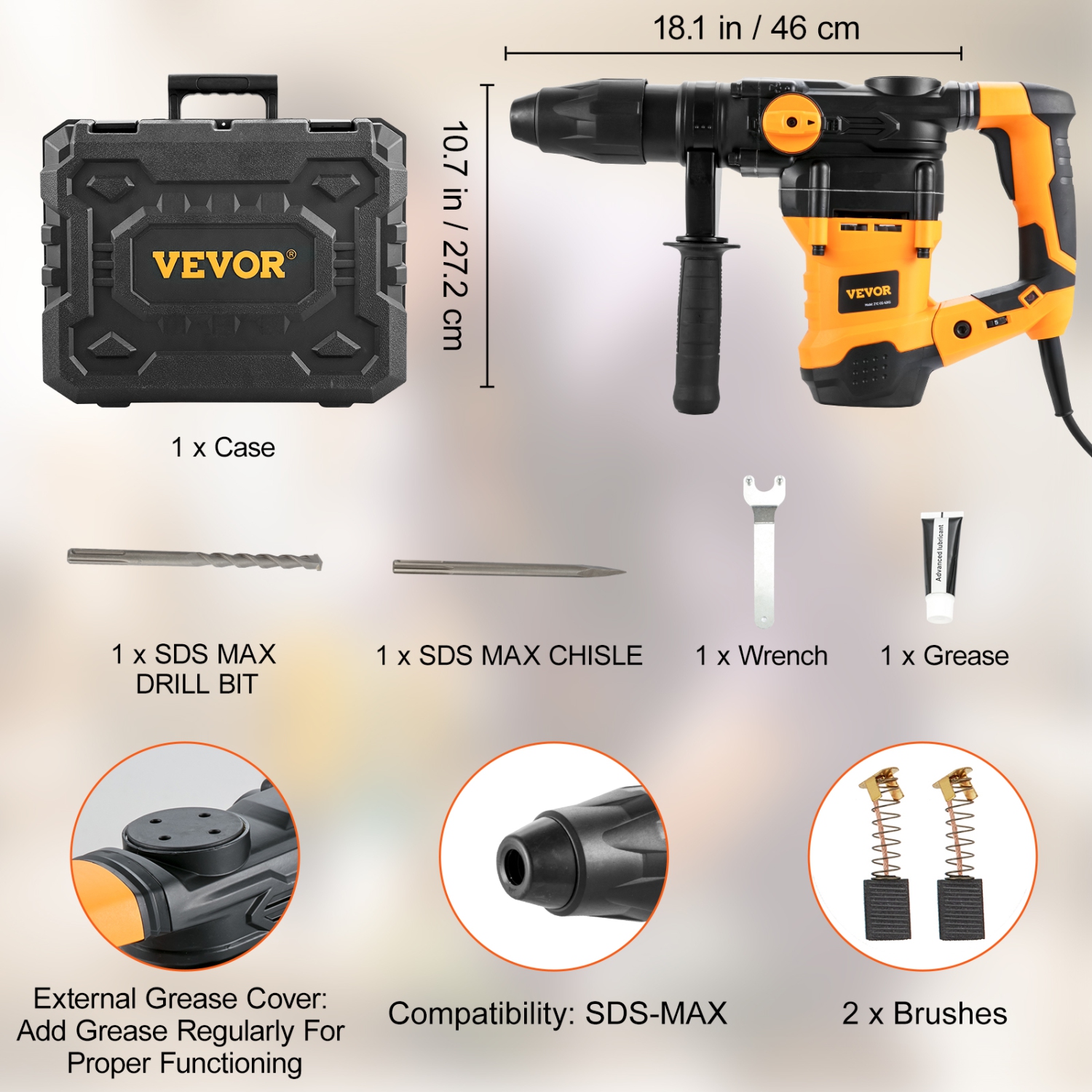 VEVOR 1-9/16 Inch SDS-Max Rotary Hammer Drill, 13Amp Corded Drills, Heavy Duty Chipping Hammers with Vibration Control & Safety Clutch, Electric