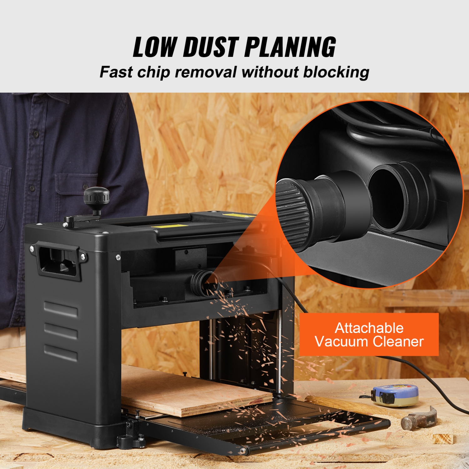 Raboteuse VEVOR de 15 A, une vitesse, une raboteuse de 13&nbsp;po de largeur, deux lames, moteur puissant 1800&nbsp;W, table d'allaitement étendue de