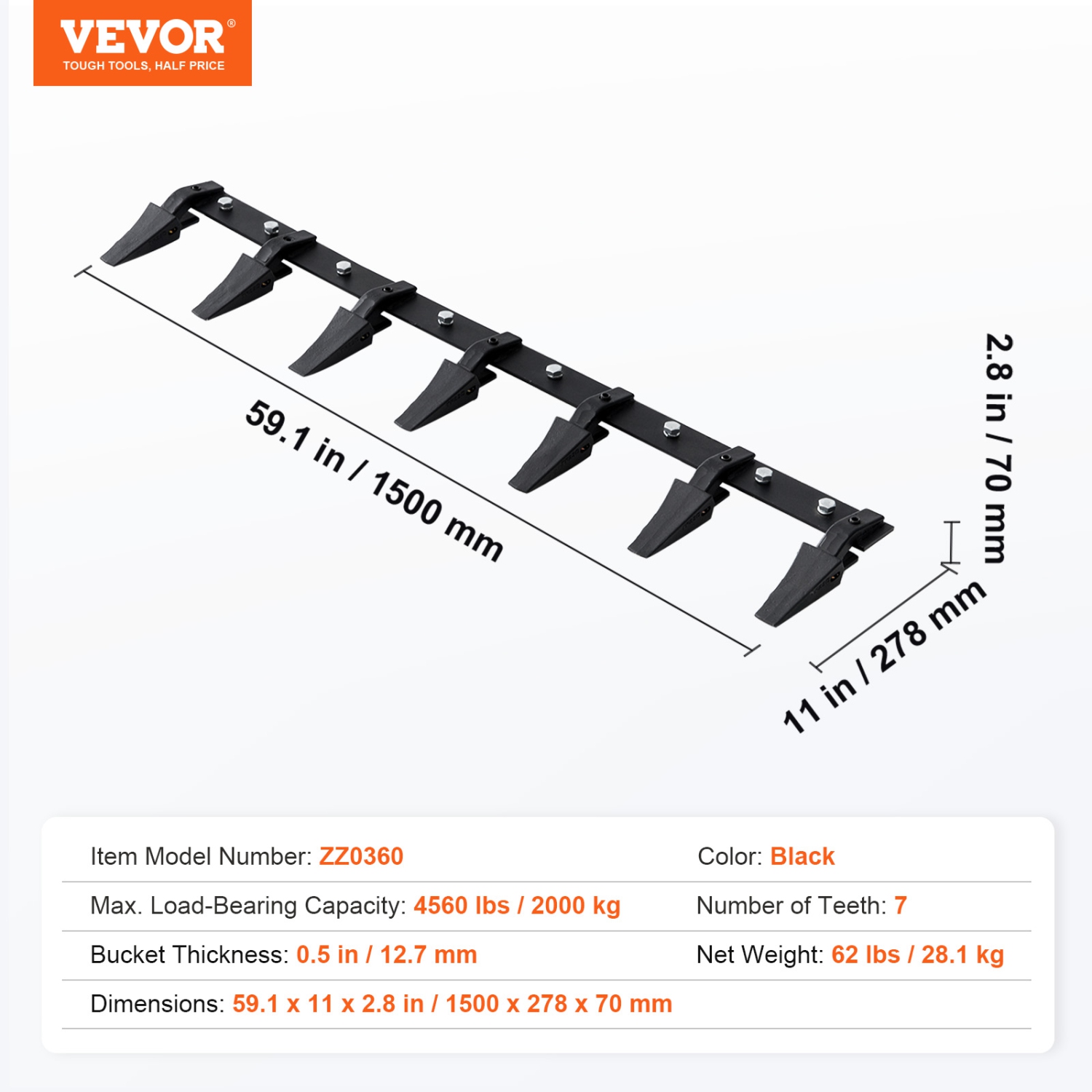 VEVOR 60'' Bucket Tooth Bar, Heavy Duty Tractor Bucket 7 Teeth Bar for Loader Tractor Skidsteer, 4560 lbs Load-Bearing Capacity Bolt On Design, for