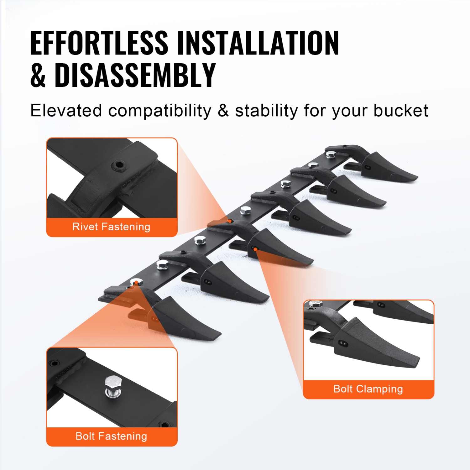 VEVOR 48'' Bucket Tooth Bar, Heavy Duty Tractor Bucket 6 Teeth Bar for Loader Tractor Skidsteer, 4560 lbs Load-Bearing Capacity Bolt On Design, for