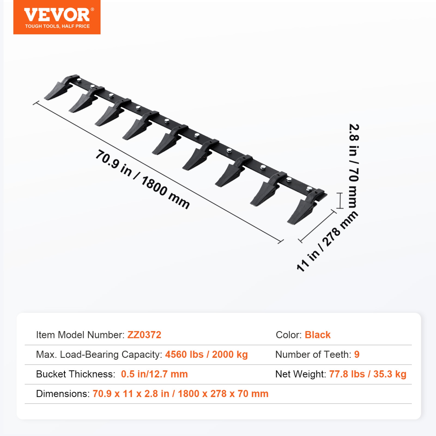 VEVOR 72'' Bucket Tooth Bar, Heavy Duty Tractor Bucket 9 Teeth Bar for Loader Tractor Skidsteer, 4560 lbs Load-Bearing Capacity Bolt On Design, for