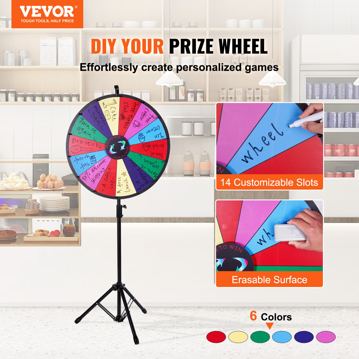 VEVOR 24 inch Spinning Prize Wheel, 14 Slots Spinning Wheel with Height Adjustable Stand, Roulette Wheel with a Dry Erase, and a Storage Bag, Win