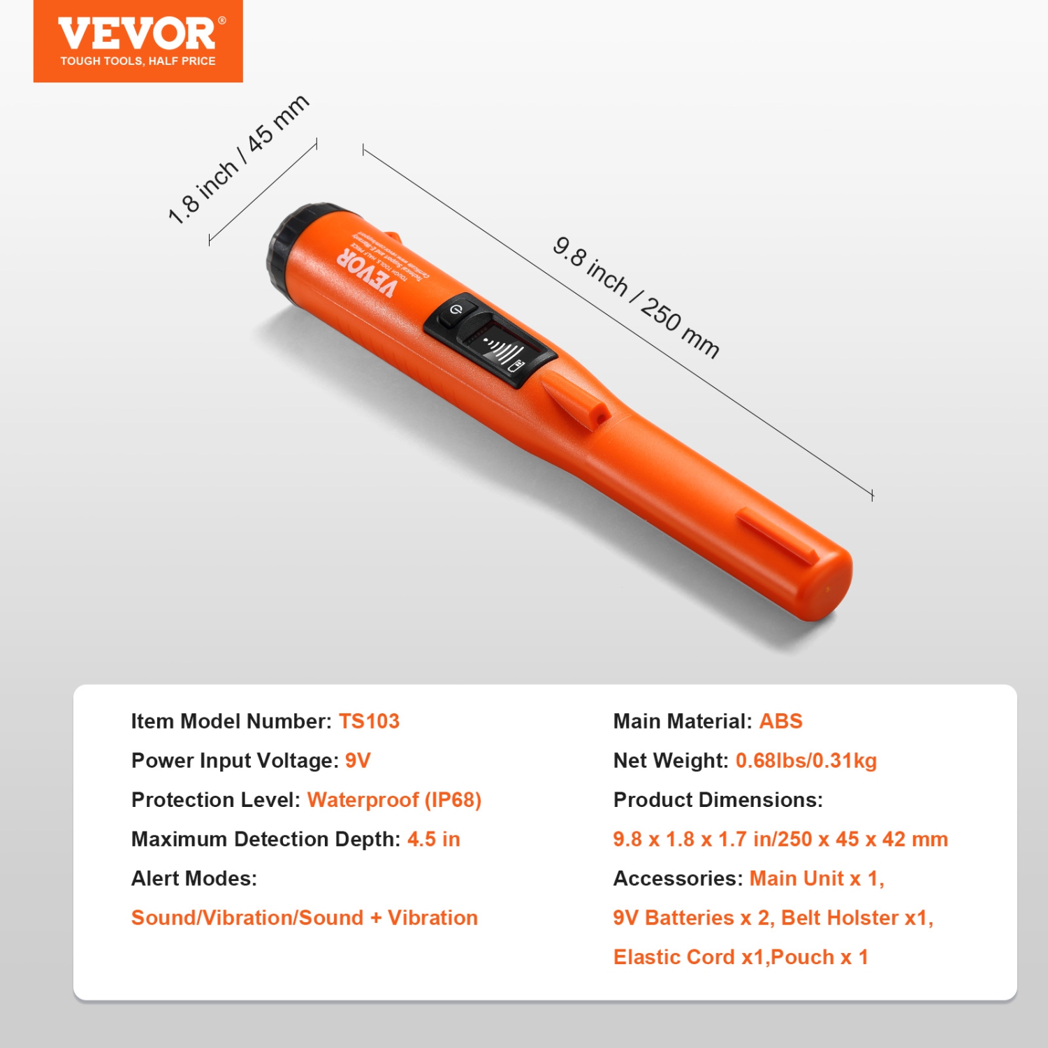 VEVOR 3 Modes Metal Detector Pinpointer, IP68 Fully Waterproof Handheld Pin Pointer Wand, 4.5" Detection Depth, LCD Screen, Treasure Hunting Probe