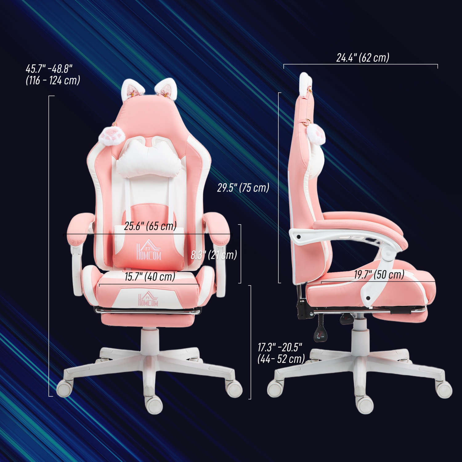 HOMCOM Racing Gaming Chair with Cat Ears, Reclining Faux Leather Computer Chair with Footrest, Lumbar Support and Headrest, Height Adjustable Swivel