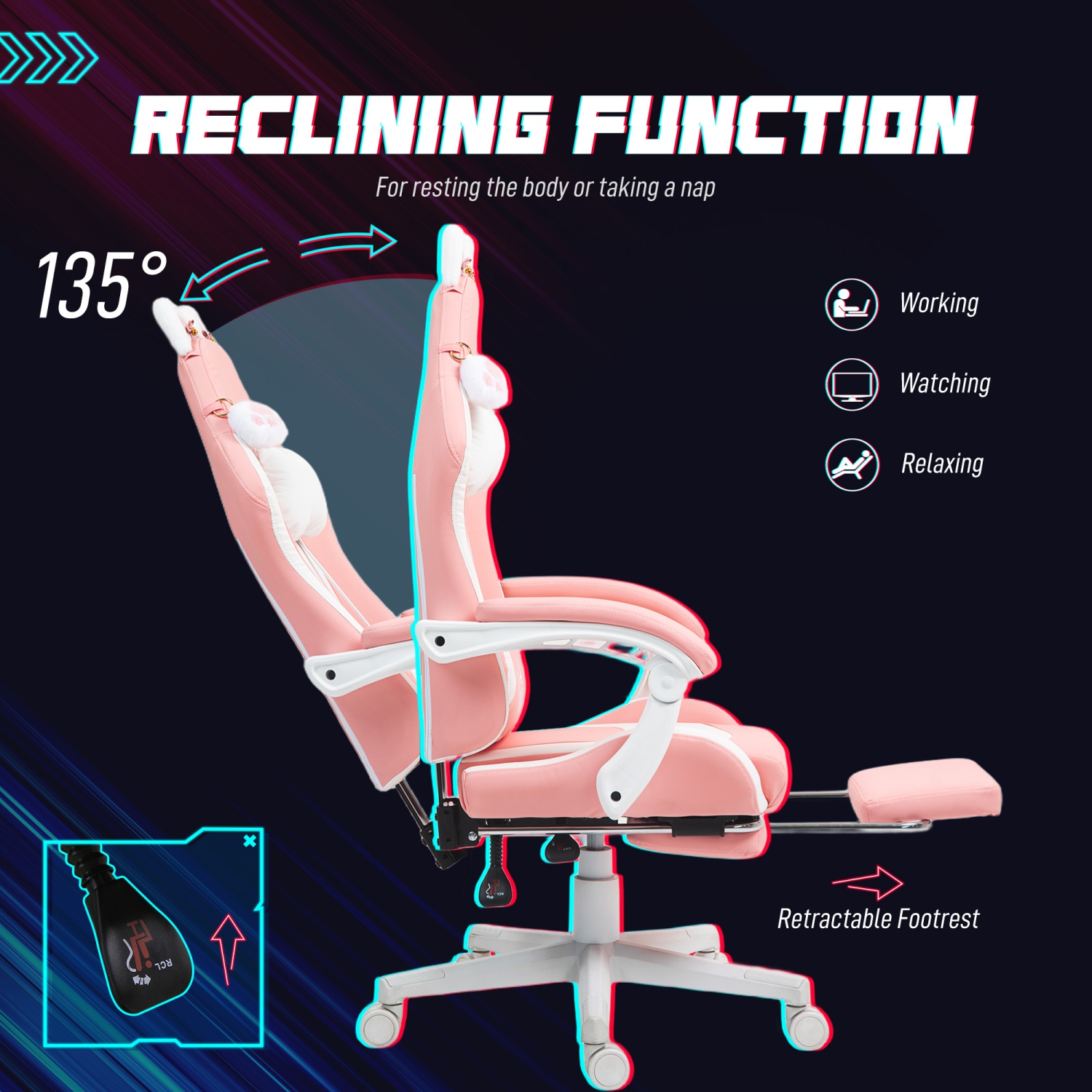 HOMCOM Racing Gaming Chair with Cat Ears, Reclining Faux Leather Computer Chair with Footrest, Lumbar Support and Headrest, Height Adjustable Swivel
