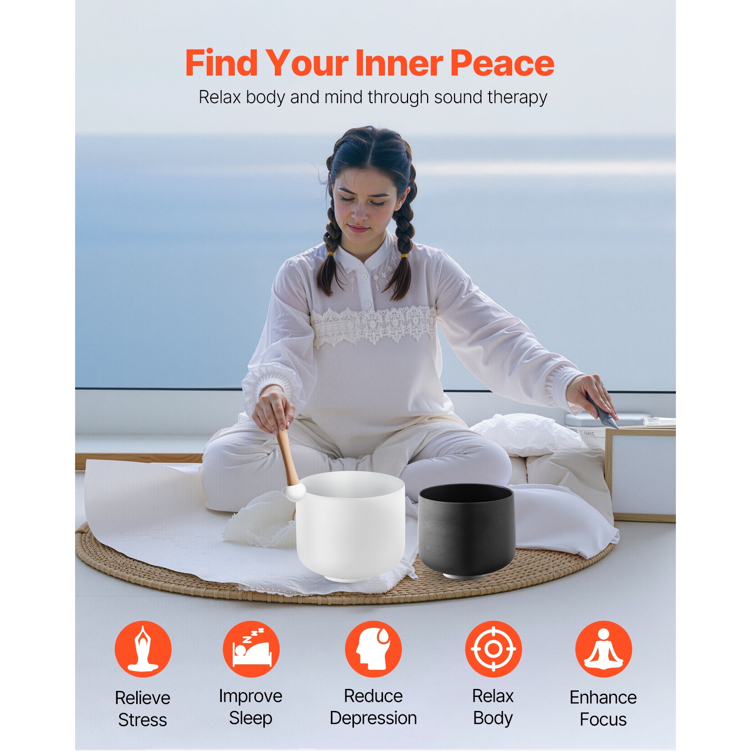 Bols à chanter en cristal VEVOR 2PCS, bols à chanter A & F de 8 et 10 pouces, bol à chants en quartz givré avec sac de transport de 10&nbsp;po, 1