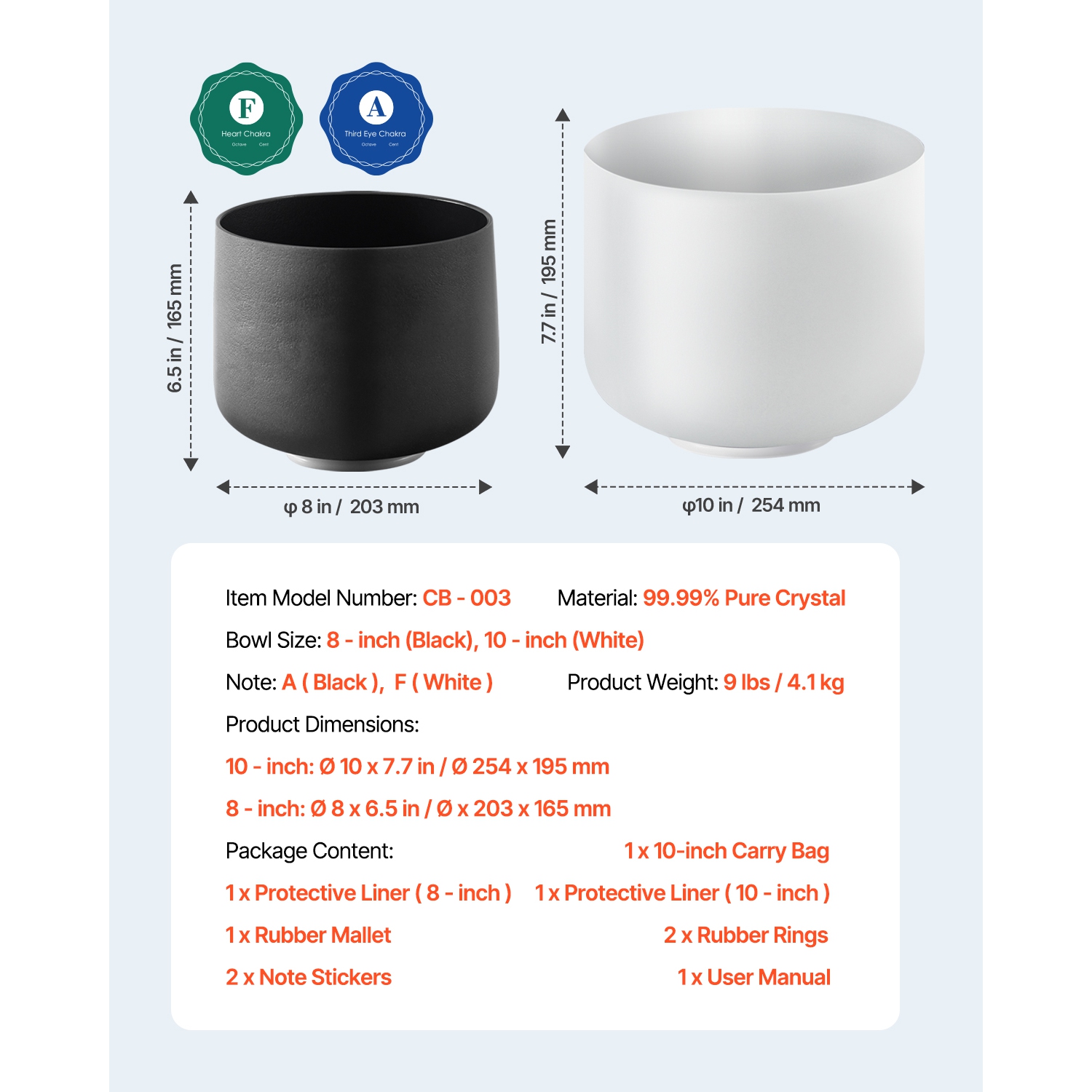 Bols à chanter en cristal VEVOR 2PCS, bols à chanter A & F de 8 et 10 pouces, bol à chants en quartz givré avec sac de transport de 10&nbsp;po, 1