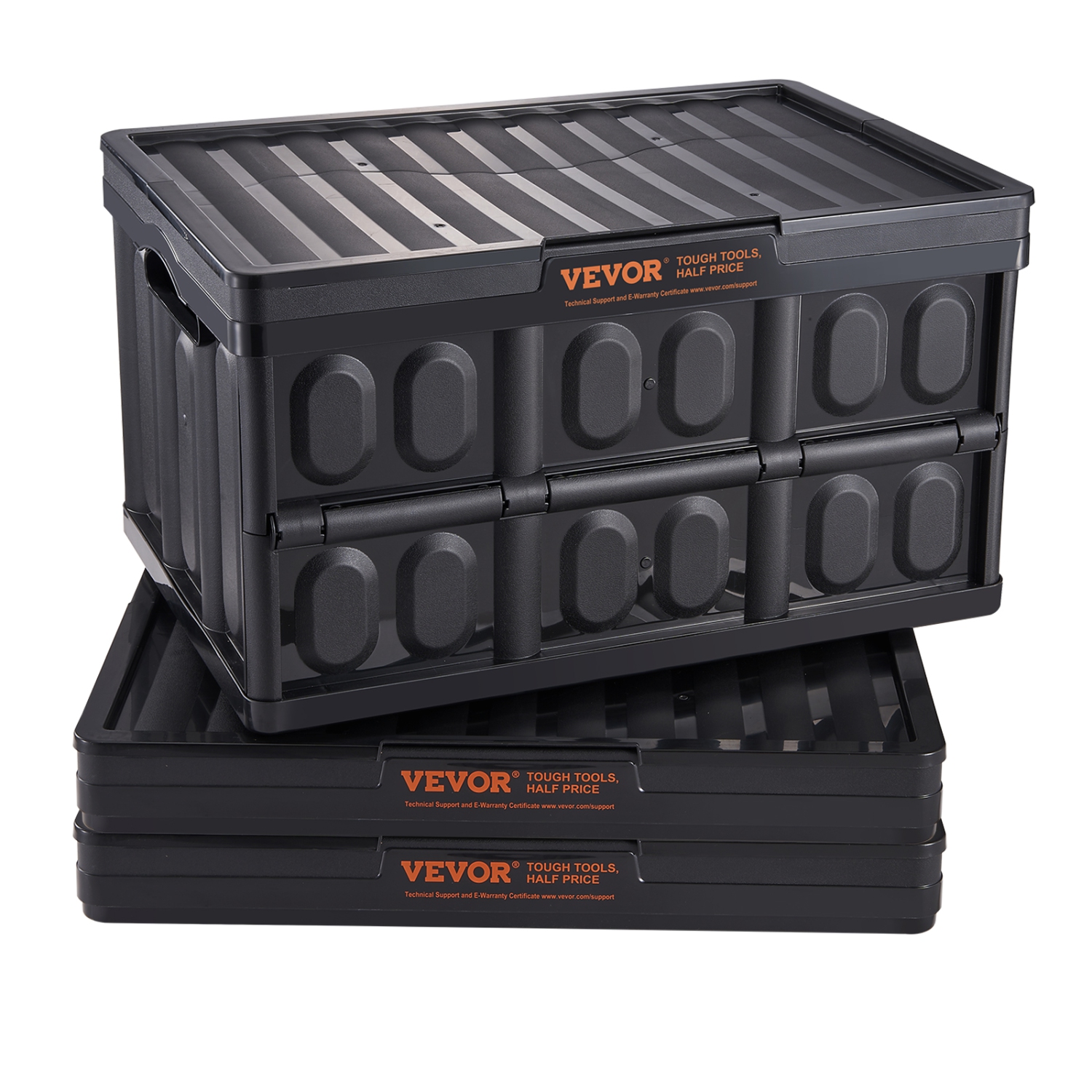 VEVOR Collapsible Storage Bins with Lids, 45L 3 Packs, Folding Plastic Stackable Utility Crates with Handles, Large Heavy Duty Containers for