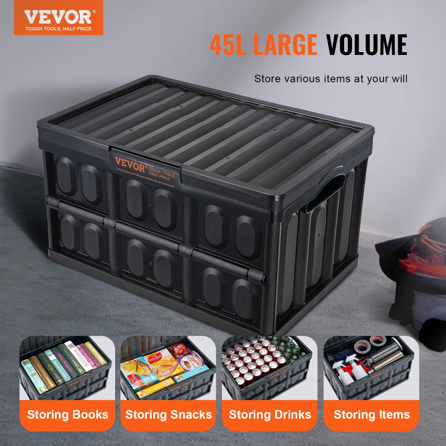 VEVOR Collapsible Storage Bins with Lids, 45L 3 Packs, Folding Plastic Stackable Utility Crates with Handles, Large Heavy Duty Containers for
