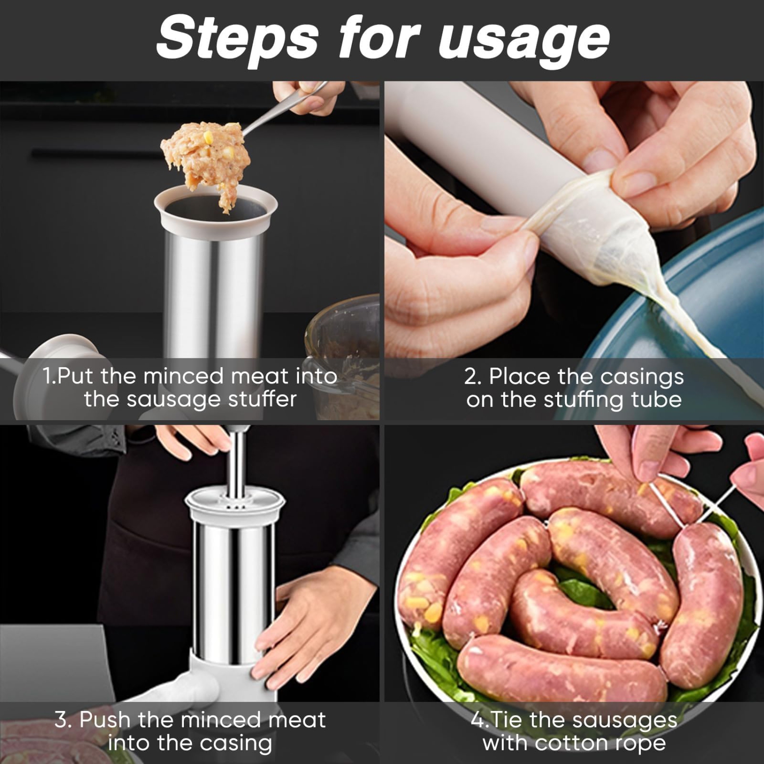 Poussoir à saucisses manuel, machine à saucisses maison avec 4 tubes de remplissage, outil de cuisine pour faire des saucisses rapides