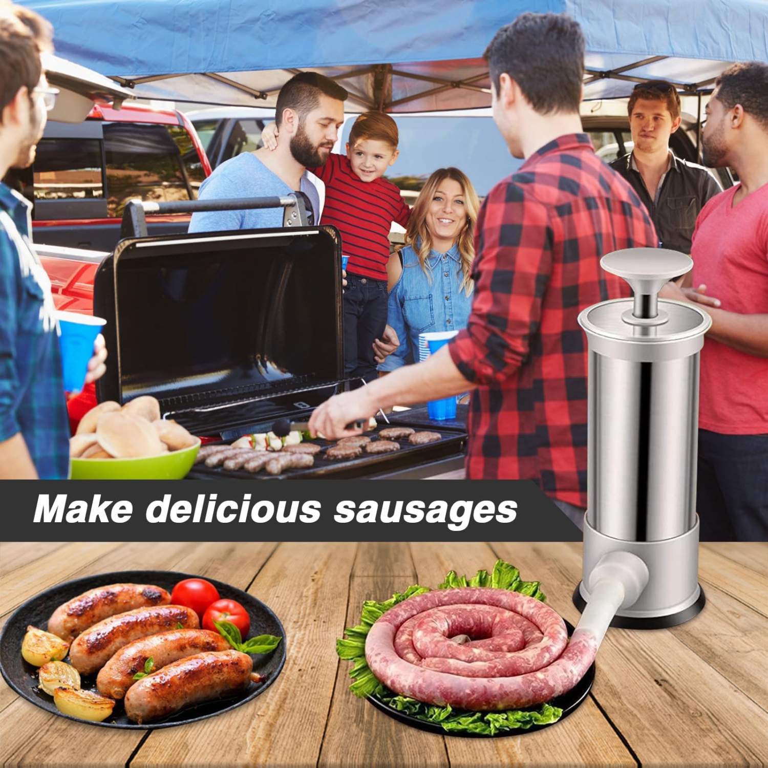 Poussoir à saucisses manuel, machine à saucisses maison avec 4 tubes de remplissage, outil de cuisine pour faire des saucisses rapides