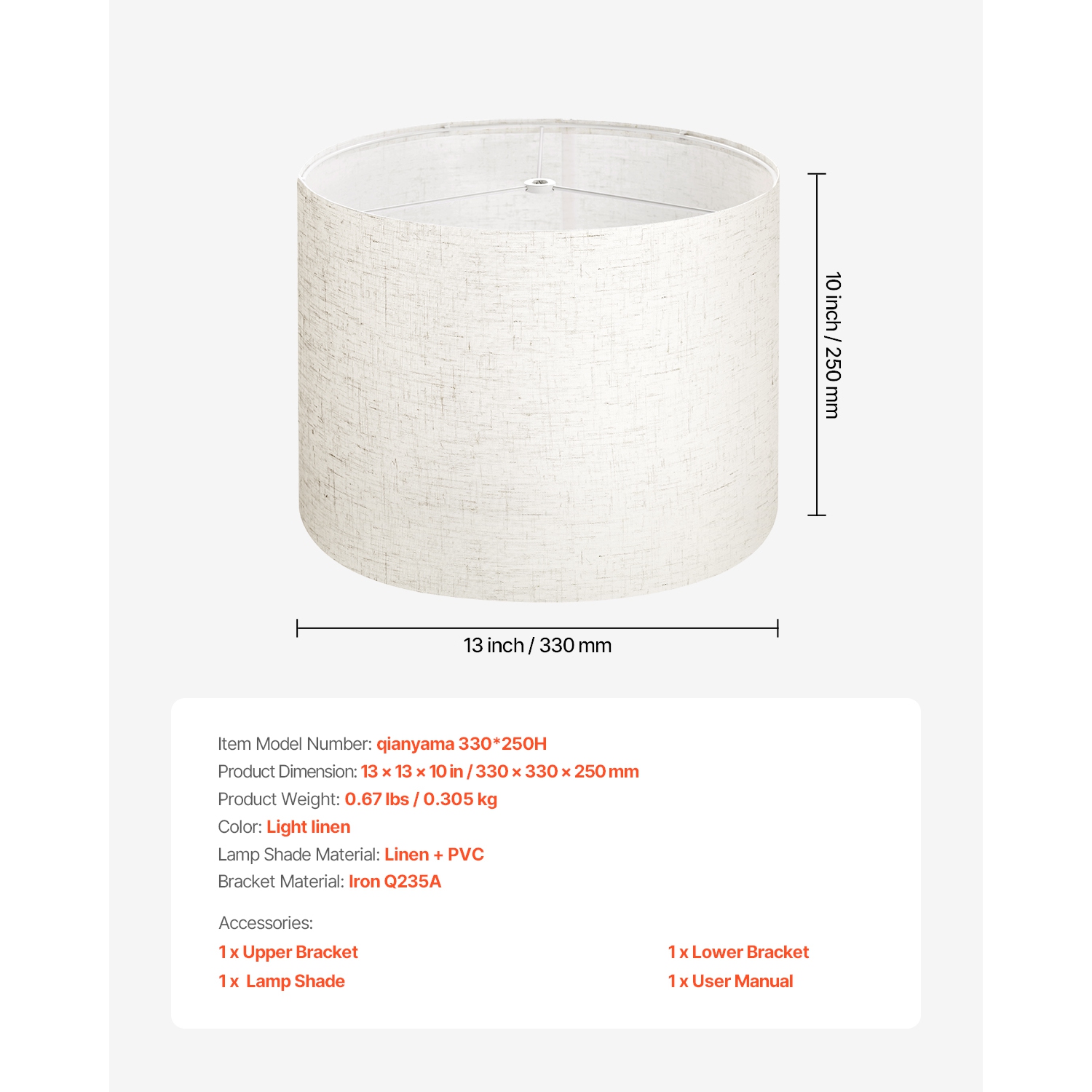 VEVOR Drum Lamp Shade, 13 in Top x 13 in Bottom x 10 in High, Medium Drum Linen Lampshade, Replacement Lamp Shade for Table Lamps Floor Lamps Pendant