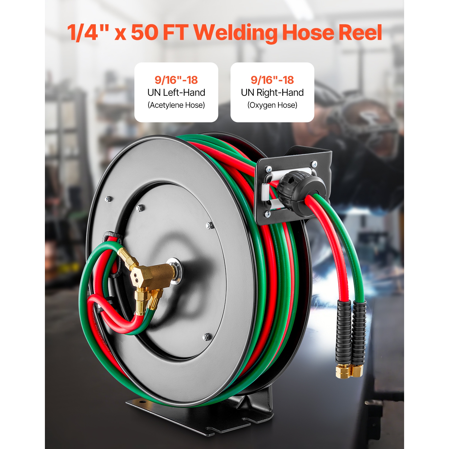 VEVOR 1/4-Inch x 50FT Retractable Welding Hose Reel, Twin Oxygen Acetylene Rubber Hose Max 300PSI - R Grade, Ceiling/Wall Mount Heavy Duty Steel Hose