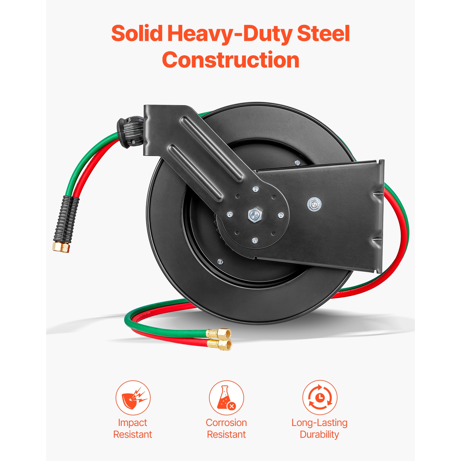 VEVOR 1/4-Inch x 50FT Retractable Welding Hose Reel, Twin Oxygen Acetylene Rubber Hose Max 300PSI - R Grade, Ceiling/Wall Mount Heavy Duty Steel Hose