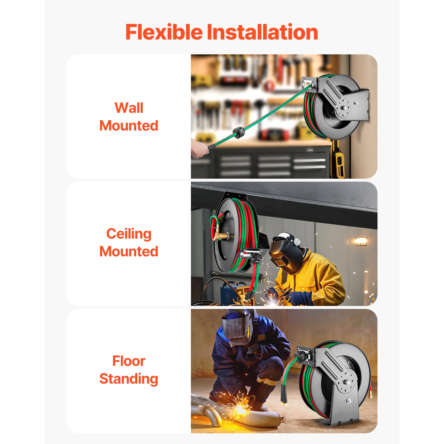 VEVOR 1/4-Inch x 50FT Retractable Welding Hose Reel, Twin Oxygen Acetylene Rubber Hose Max 300PSI - R Grade, Ceiling/Wall Mount Heavy Duty Steel Hose