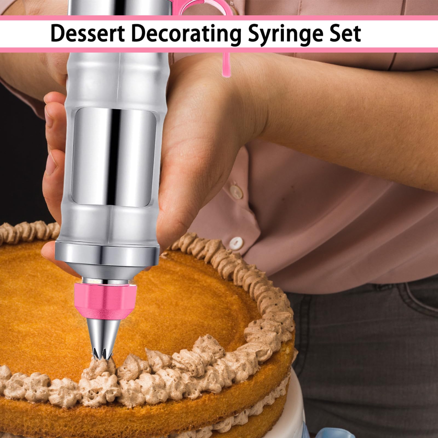 Dessert Decorating Syringe Set, Stainless Steel Cream Decorating Gun with 6 Decorating Nozzles, Cupcake and Ice Cream Decorating Tools