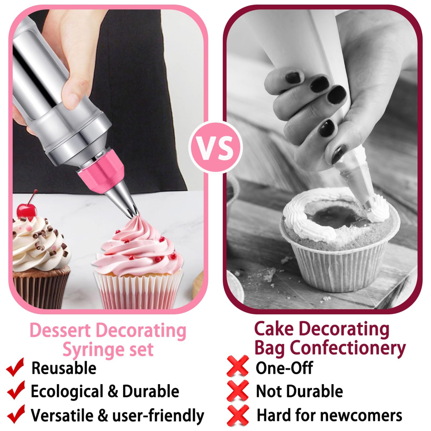 Dessert Decorating Syringe Set, Stainless Steel Cream Decorating Gun with 6 Decorating Nozzles, Cupcake and Ice Cream Decorating Tools