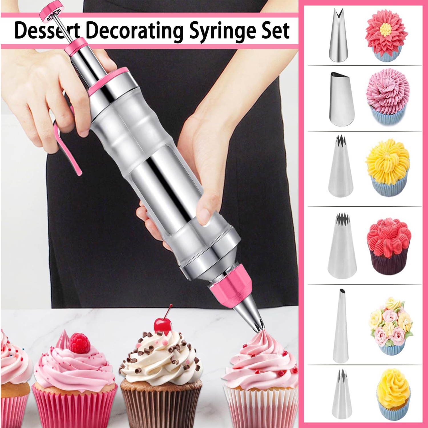 Dessert Decorating Syringe Set, Stainless Steel Cream Decorating Gun with 6 Decorating Nozzles, Cupcake and Ice Cream Decorating Tools