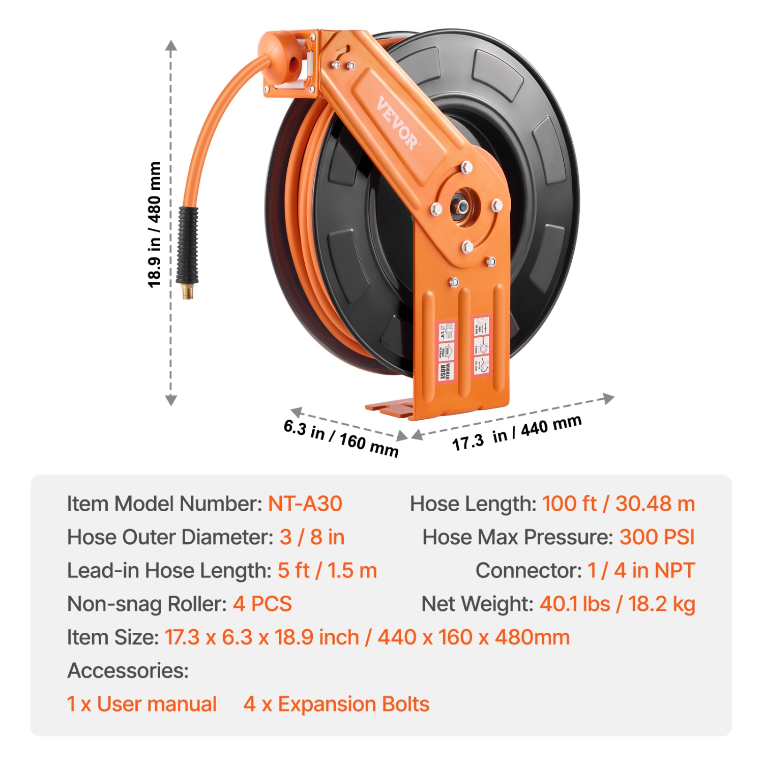 VEVOR 3/8IN x 100FT Retractable Air Hose Reel, Rubber Air Hose Max 300PSI, Air Compressor Hose Reel Auto-Rewind with 5FT Lead in, Ceiling/Wall Mount