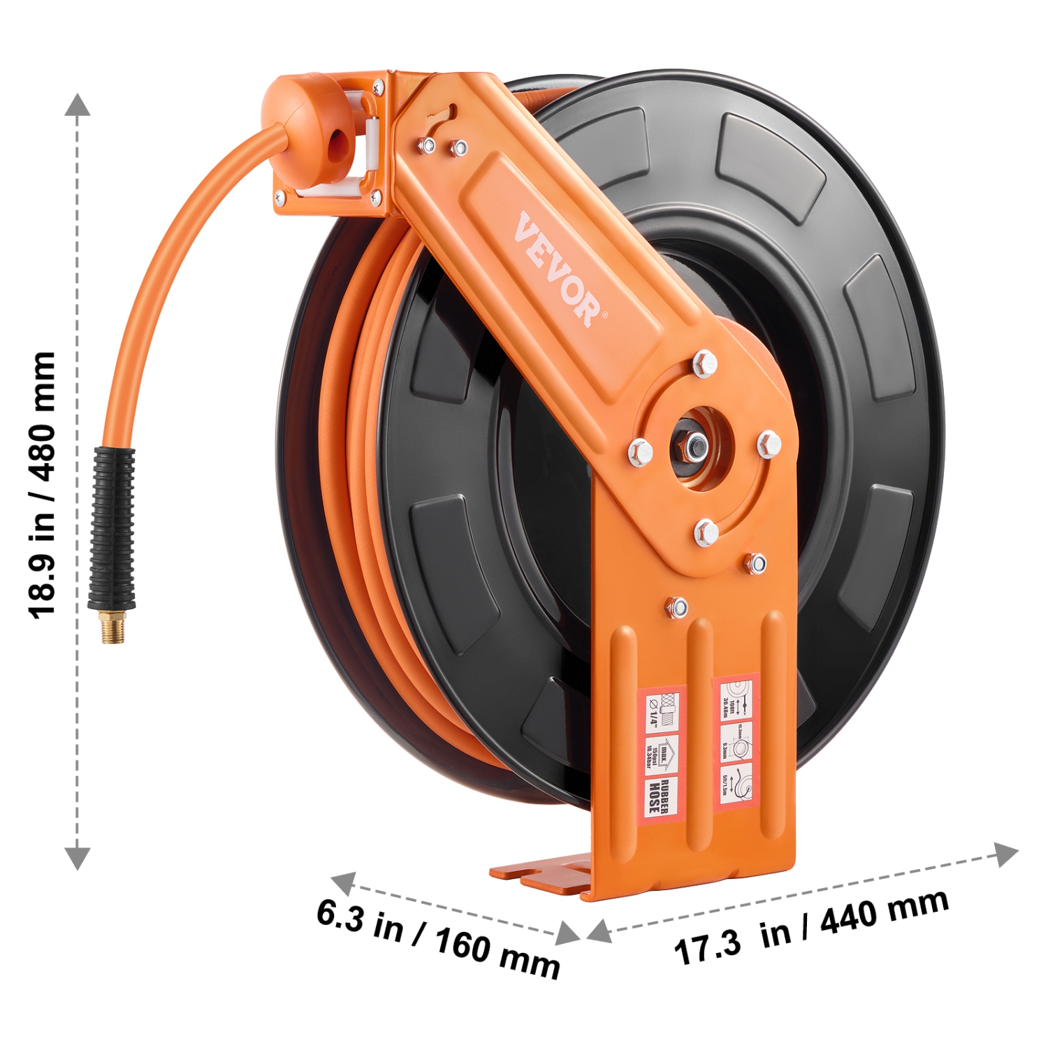 VEVOR 3/8IN x 100FT Retractable Air Hose Reel, Rubber Air Hose Max 300PSI, Air Compressor Hose Reel Auto-Rewind with 5FT Lead in, Ceiling/Wall Mount