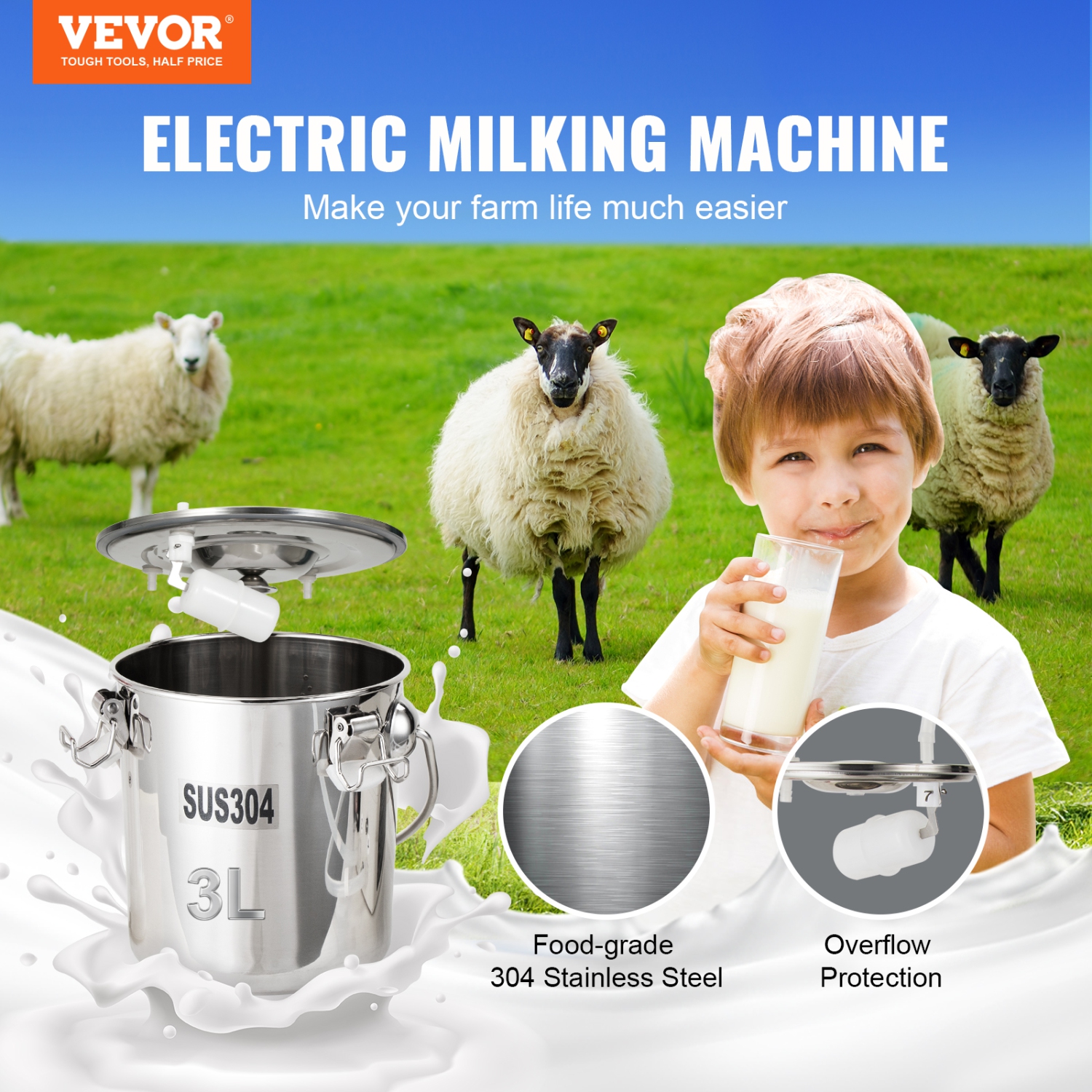 VEVOR 3 L 304 Goat Milking Machine, Stainless Steel Bucket, Electric Automatic Pulsation Vacuum Milker, Portable Milker with Food-grade Silicone Cups