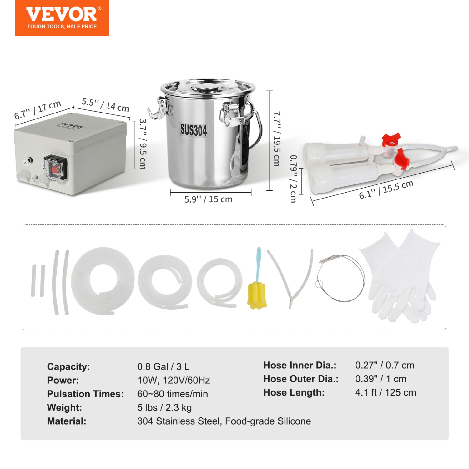 VEVOR 3 L 304 Goat Milking Machine, Stainless Steel Bucket, Electric Automatic Pulsation Vacuum Milker, Portable Milker with Food-grade Silicone Cups
