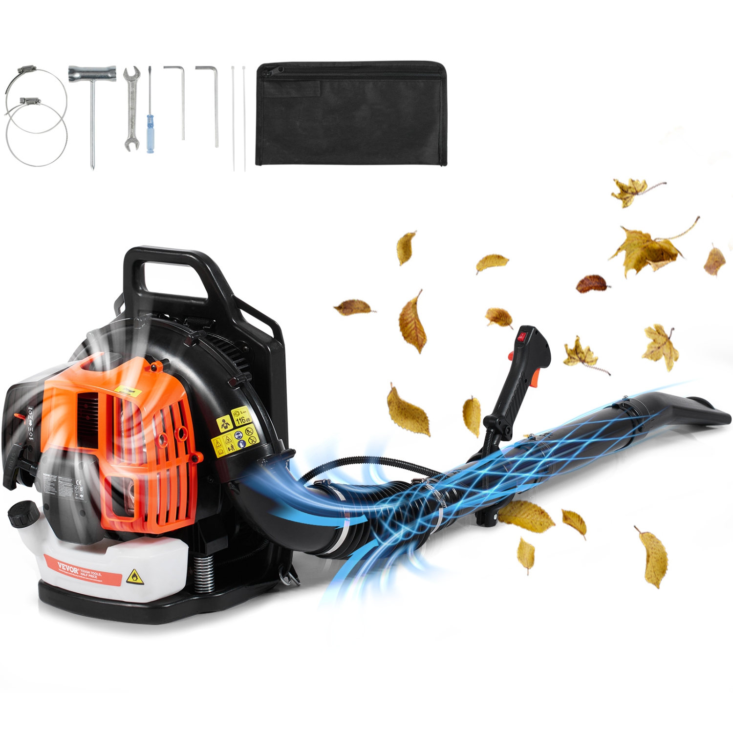 VEVOR 63CC 2-Cycle Backpack Leaf Blower, Gas Leaf Blower with 1.89L Fuel Tank, 1110CFM Air Volume 220MPH Speed, Ideal for Lawn Care, Leaf Cleaning,
