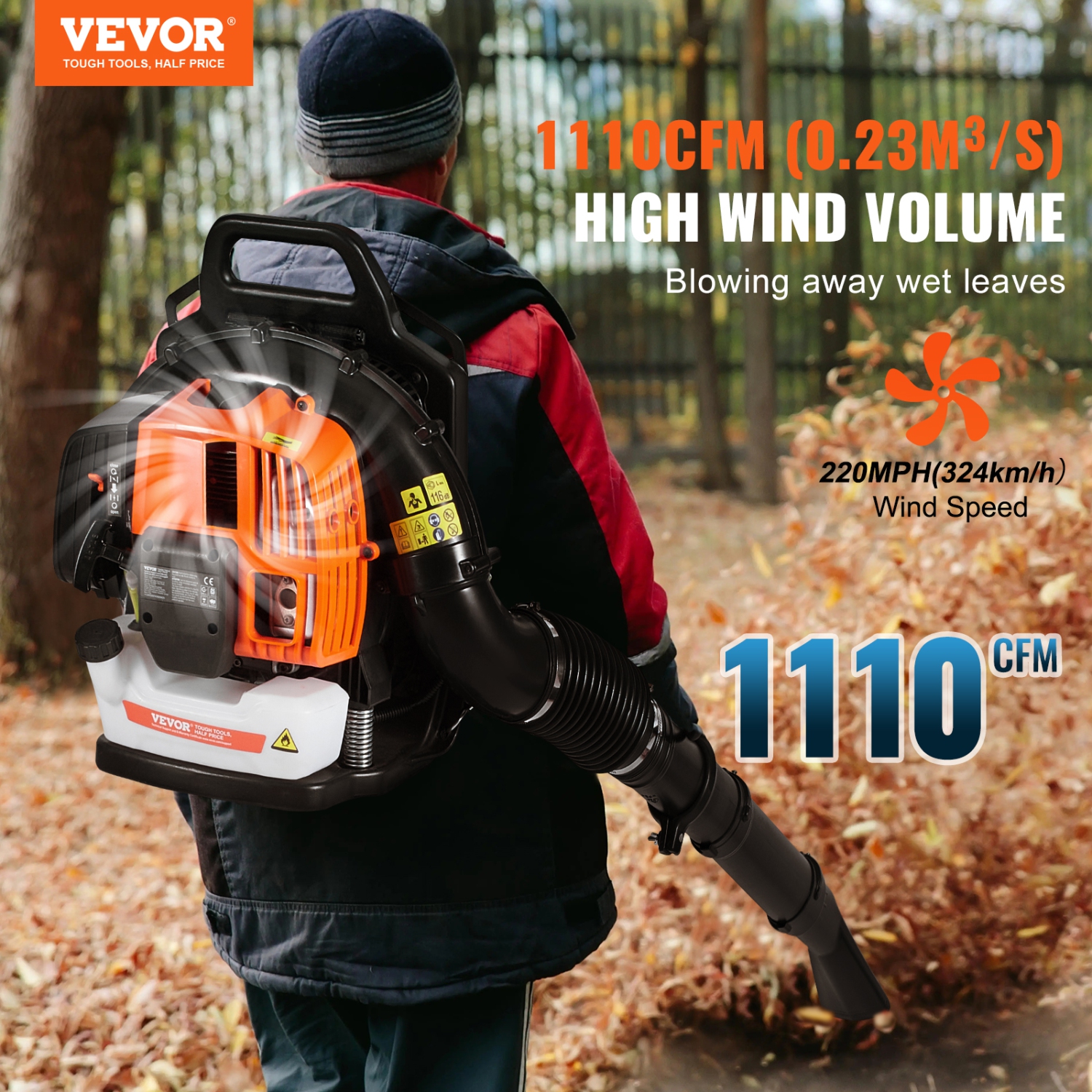 VEVOR 63CC 2-Cycle Backpack Leaf Blower, Gas Leaf Blower with 1.89L Fuel Tank, 1110CFM Air Volume 220MPH Speed, Ideal for Lawn Care, Leaf Cleaning,
