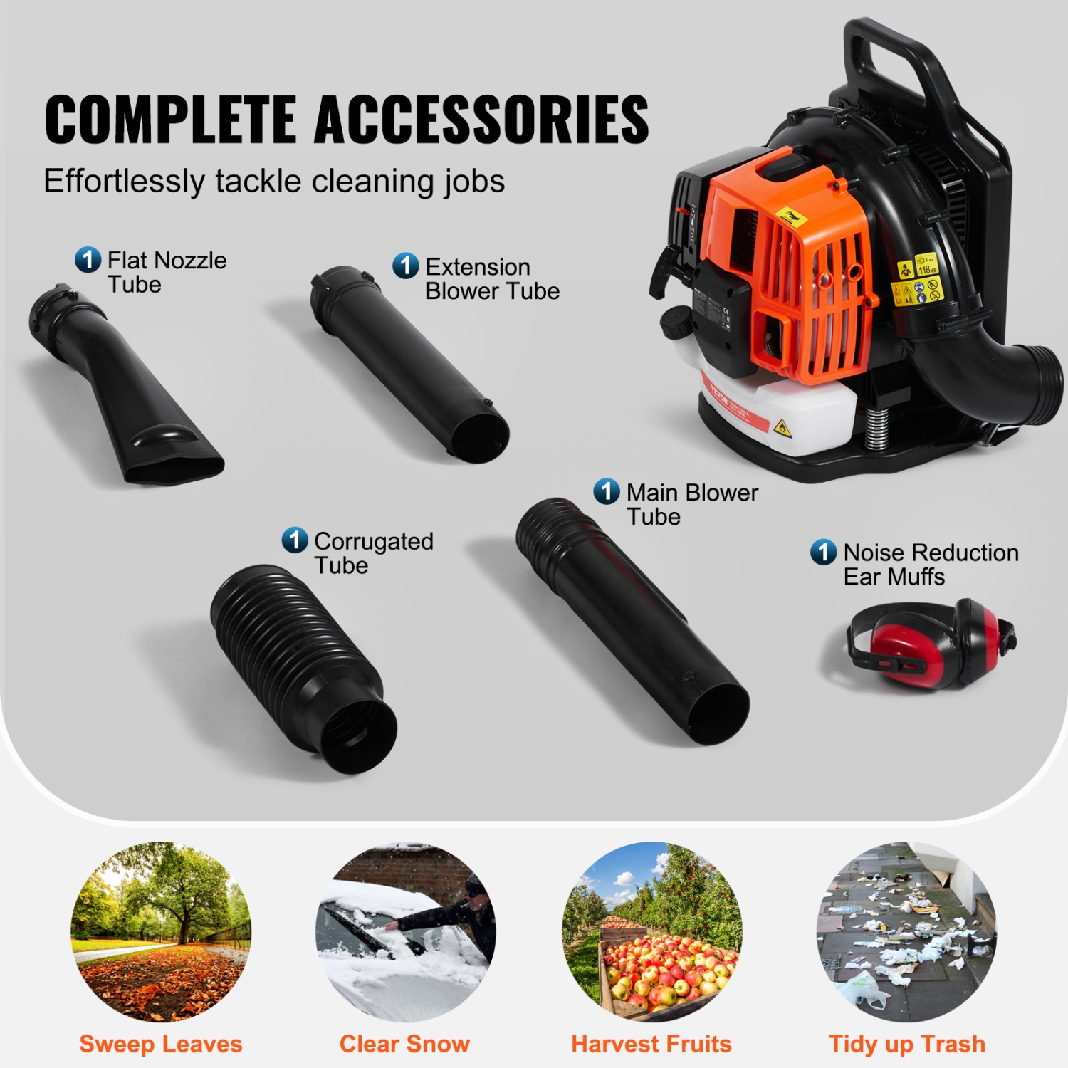 VEVOR 63CC 2-Cycle Backpack Leaf Blower, Gas Leaf Blower with 1.89L Fuel Tank, 1110CFM Air Volume 220MPH Speed, Ideal for Lawn Care, Leaf Cleaning,