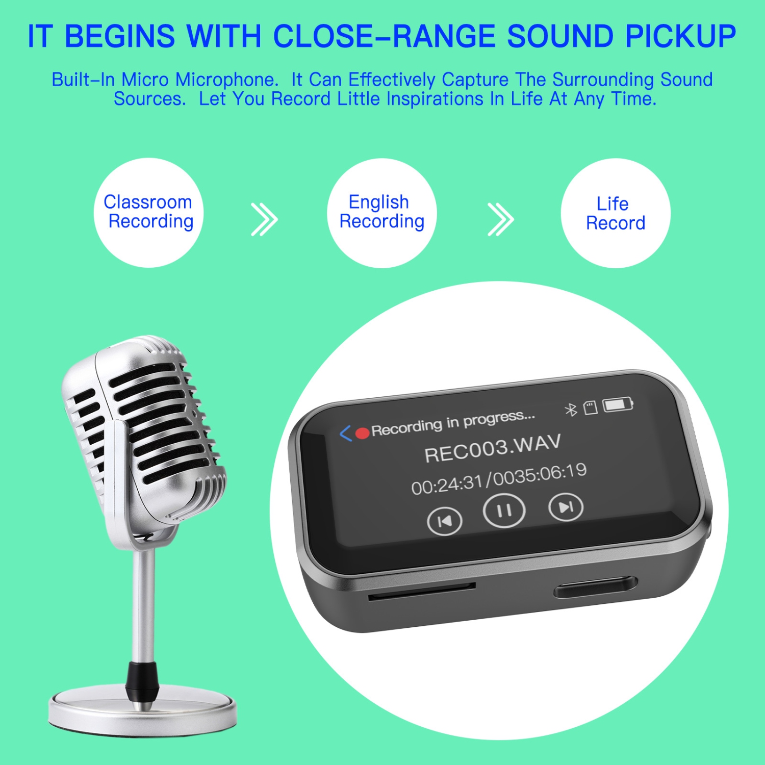MP3 player with HD recording, e-book, FM, external speaker, full screen touch screen, back clip, 3D external speaker, long standby, compact and easy