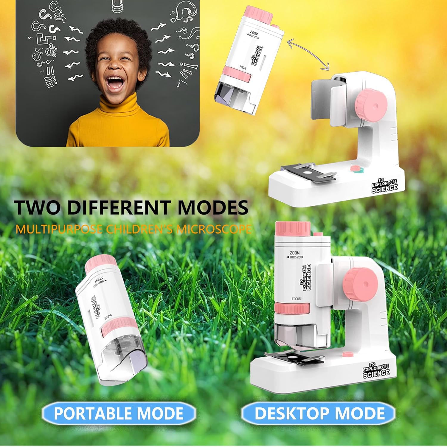 Jeu portatif Microscope portatif pour enfants Garçons Filles Science Exploration Jouets éducatifs, 200x Microscope Biological Science-8608*Rose +