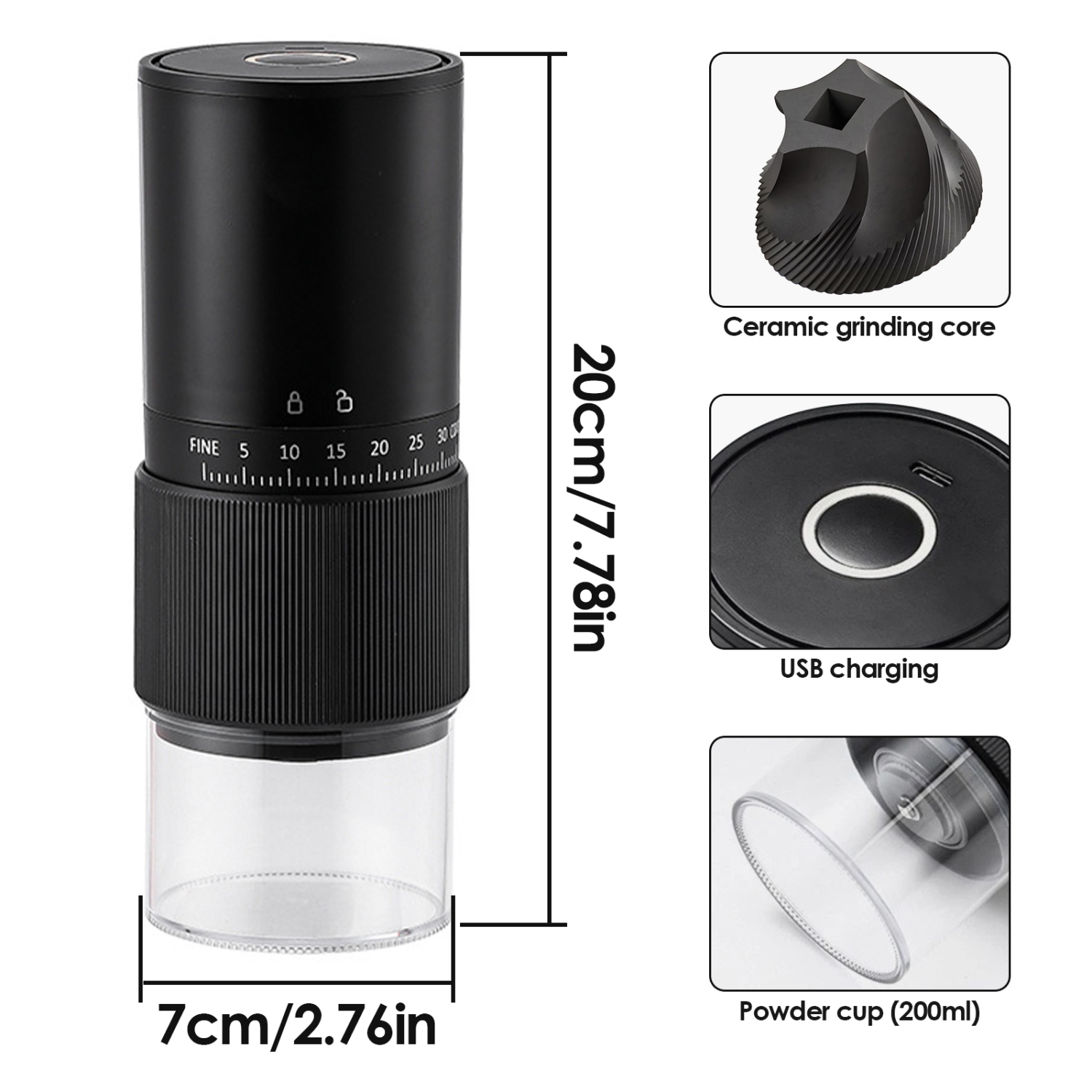 Portable Electric Coffee Grinder, USB Rechargeable Mini Coffee Grinding Cup with 35 Levels of Coarse and Fine Grinding Suitable for Travel and Home