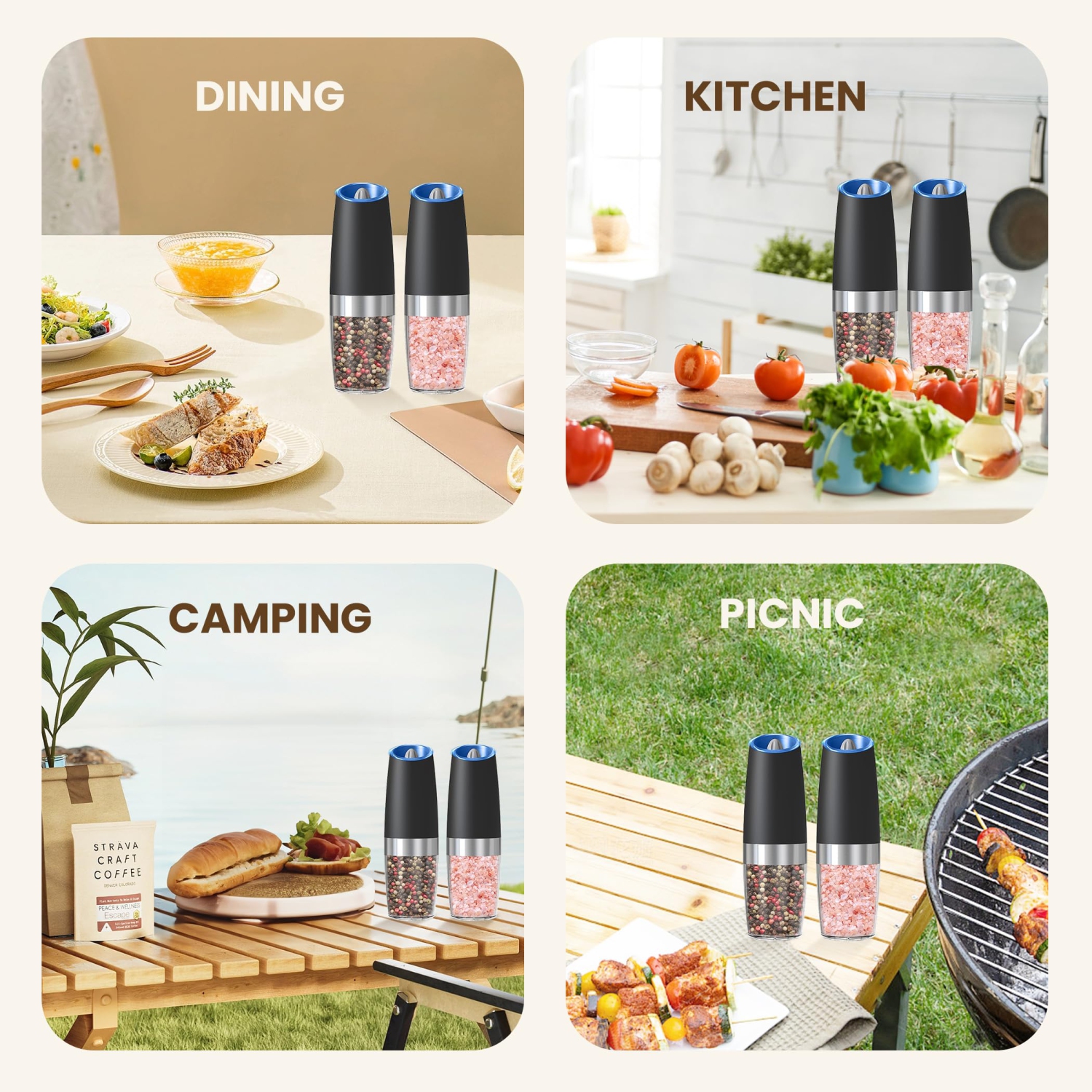 Ensemble de moulins à sel et à poivre électriques, moulin à épices rechargeable par USB avec mouture réglable et lampe LED pour la cuisine et le