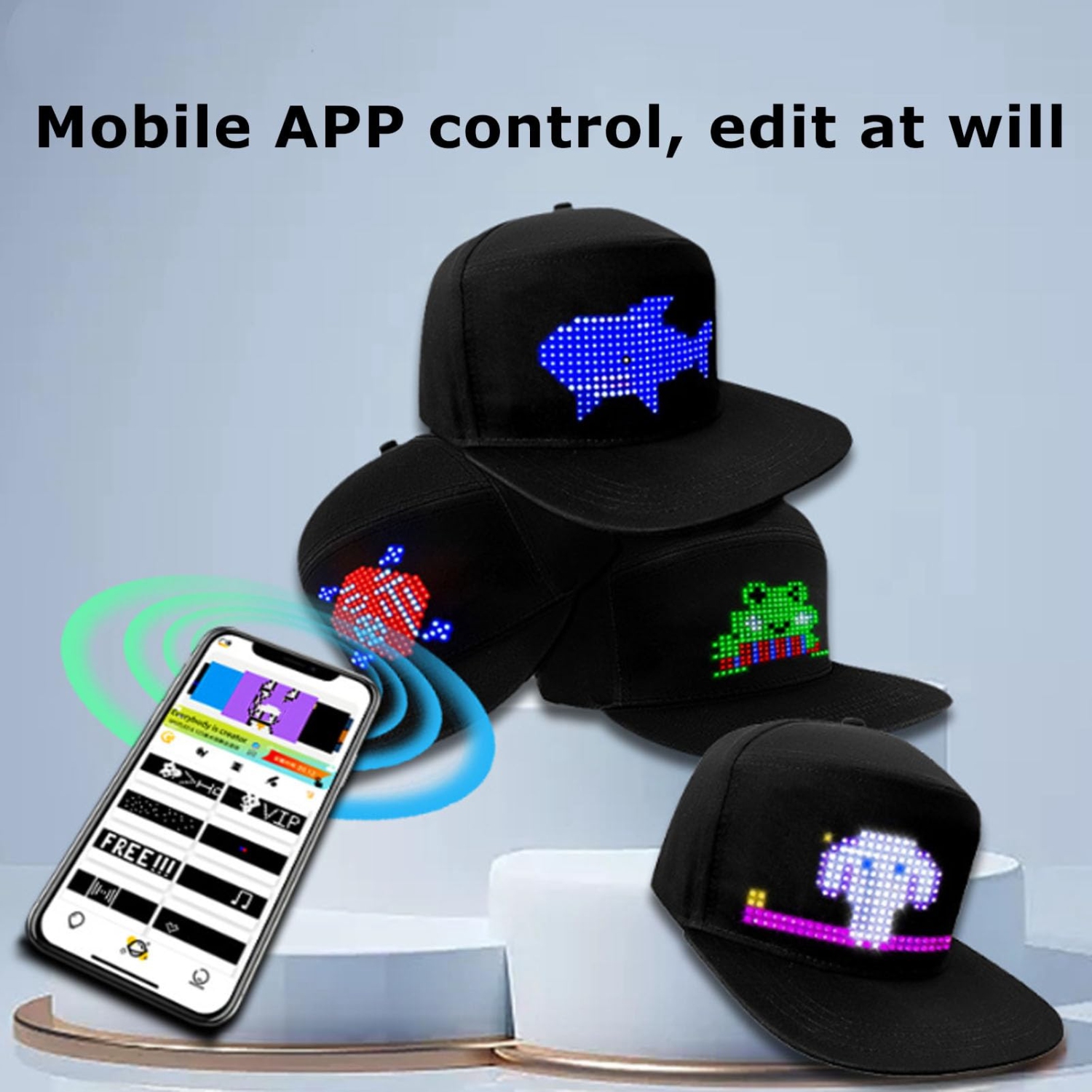 LED Display Hat Editable, LED Hats for Men, Programmable LED Cap, LED Pixel Hat - 16x32 Dots, APP Control, Adjustable Size LED Display Cap