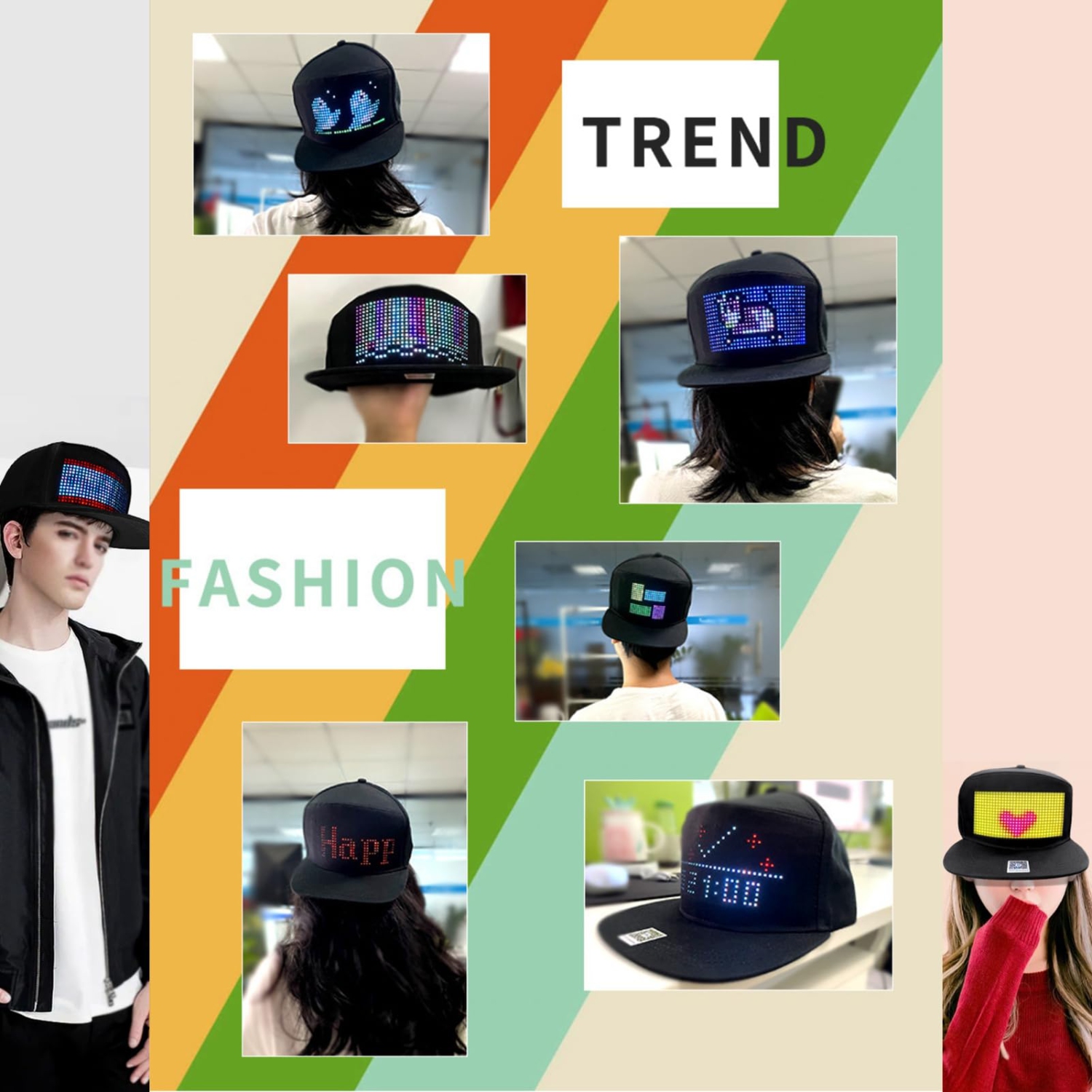 LED Display Hat Editable, LED Hats for Men, Programmable LED Cap, LED Pixel Hat - 16x32 Dots, APP Control, Adjustable Size LED Display Cap