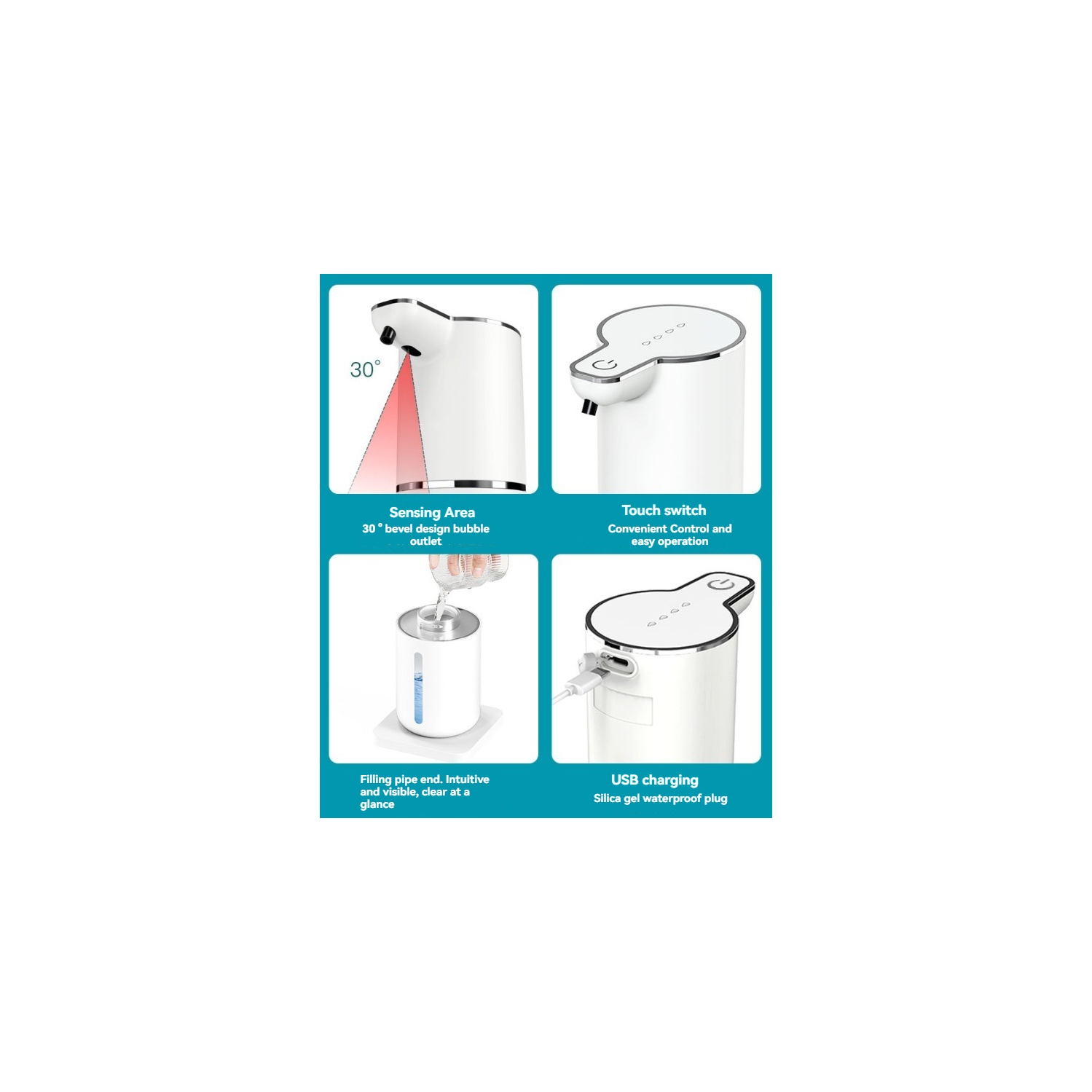 Distributeur de savon à capteur, distributeur automatique de savon pour les mains en mousse, étanche IPX5, chargement USB, réglage de capacité à 4