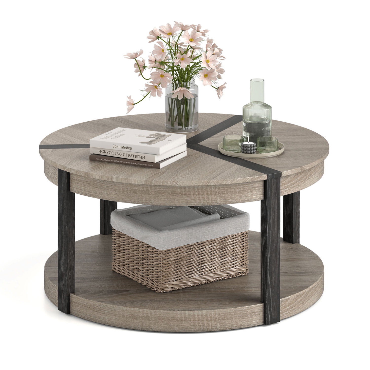 Gymax 34.5'' Rubber Wood Center Table w/Spacious Tabletop & Storage Shelf Modern