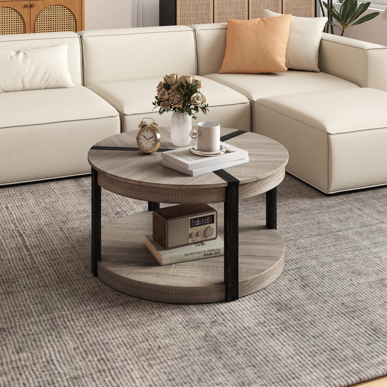 Gymax 34.5'' Rubber Wood Center Table w/Spacious Tabletop & Storage Shelf Modern