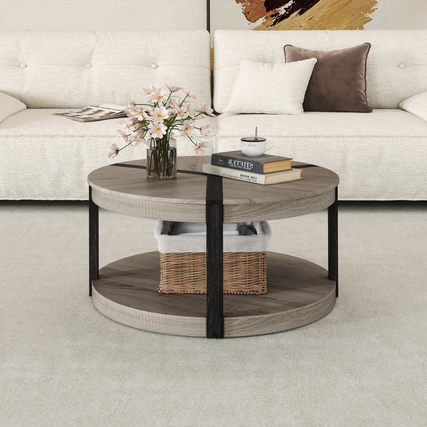 Gymax 34.5'' Rubber Wood Center Table w/Spacious Tabletop & Storage Shelf Modern