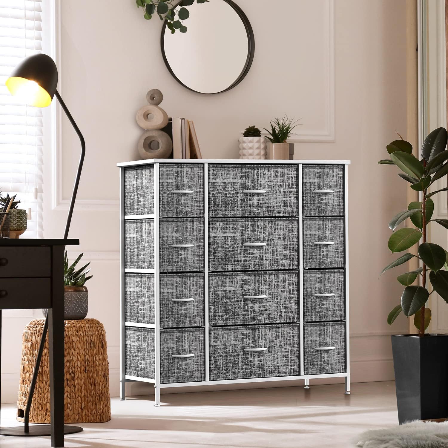 Sorbus Dresser with 12 Drawers | Chest Organizer Unit with Steel Frame Wood Top and Handle | Large Fabric Dresser for Bedroom & Hallway- Gray White