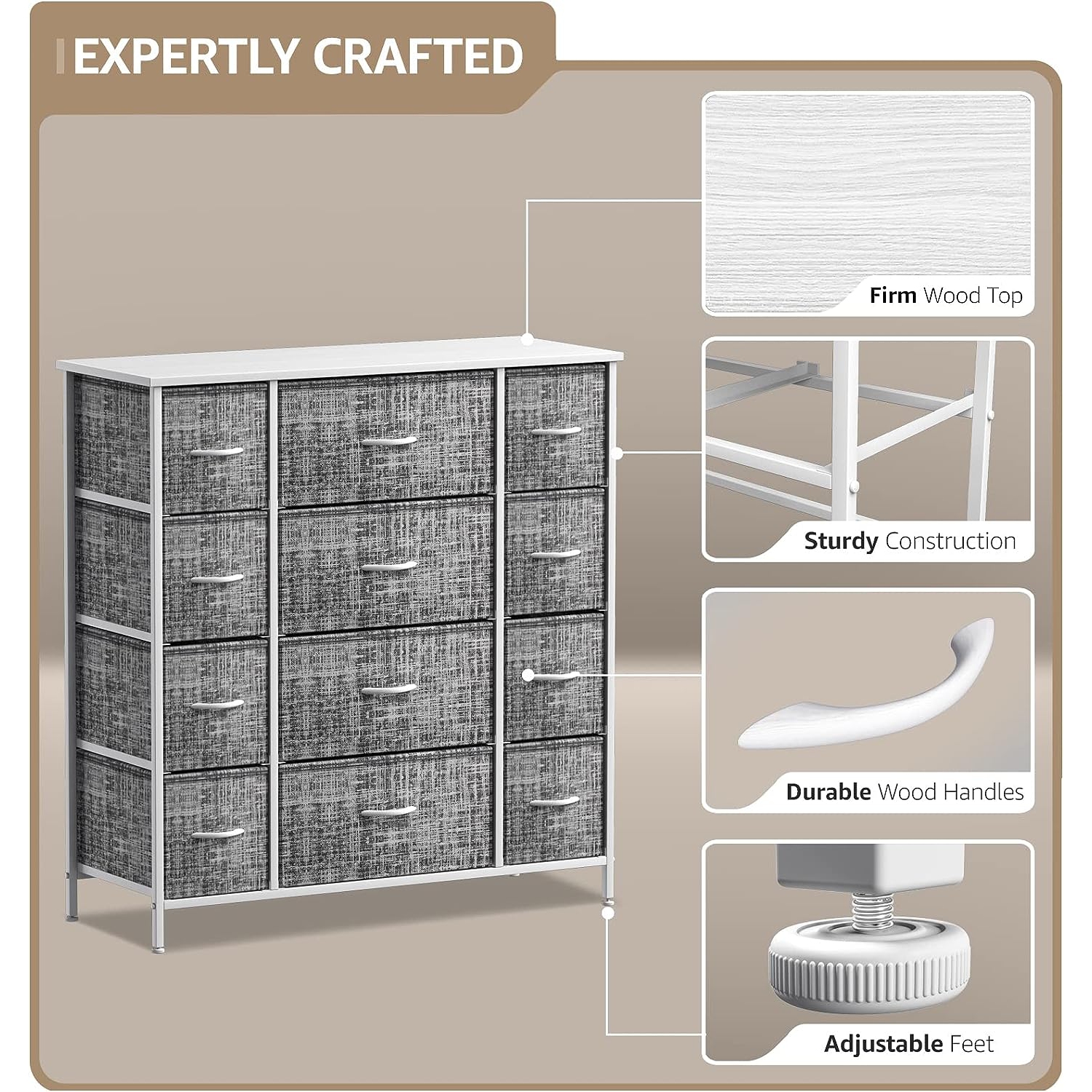 Sorbus Dresser with 12 Drawers | Chest Organizer Unit with Steel Frame Wood Top and Handle | Large Fabric Dresser for Bedroom & Hallway- Gray White