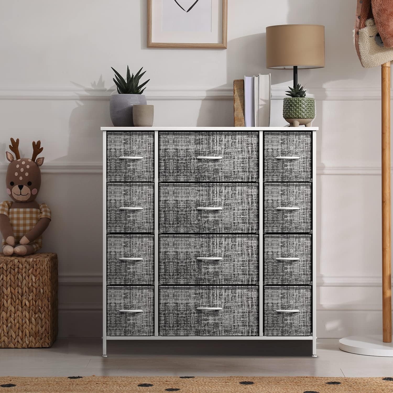 Sorbus Dresser with 12 Drawers | Chest Organizer Unit with Steel Frame Wood Top and Handle | Large Fabric Dresser for Bedroom & Hallway- Gray White