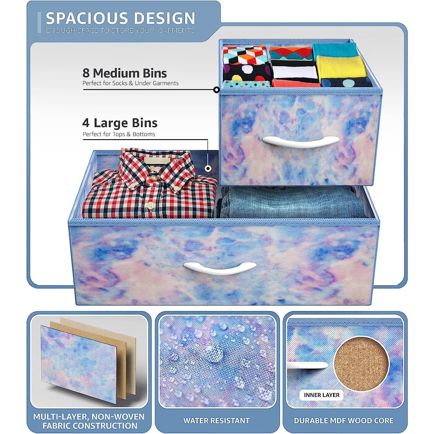 Sorbus Dresser with 12 Drawers | Chest Organizer Unit with Steel Frame Wood Top and Handle | Large Fabric Dresser for Bedroom & Hallway- Tie-Dye Blue