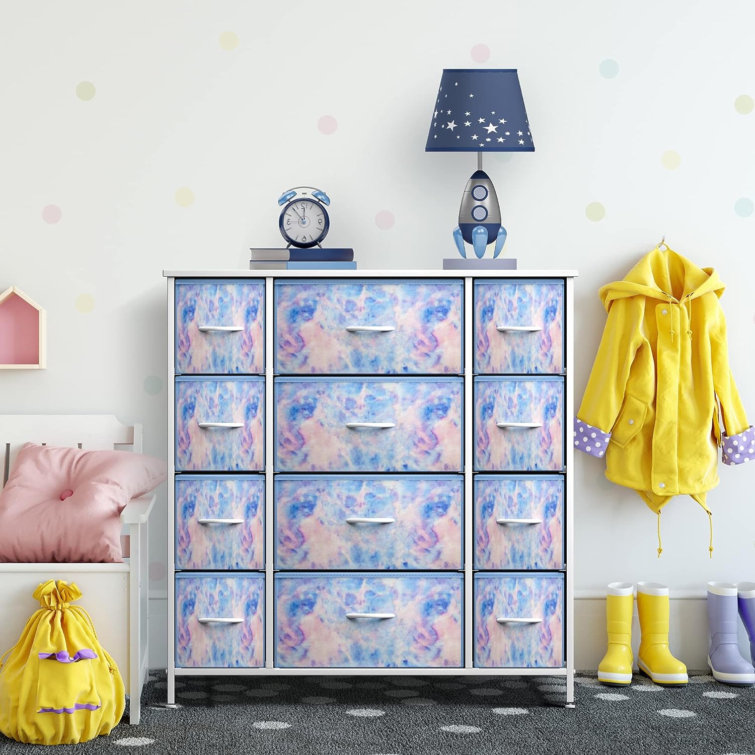 Sorbus Dresser with 12 Drawers | Chest Organizer Unit with Steel Frame Wood Top and Handle | Large Fabric Dresser for Bedroom & Hallway- Tie-Dye Blue