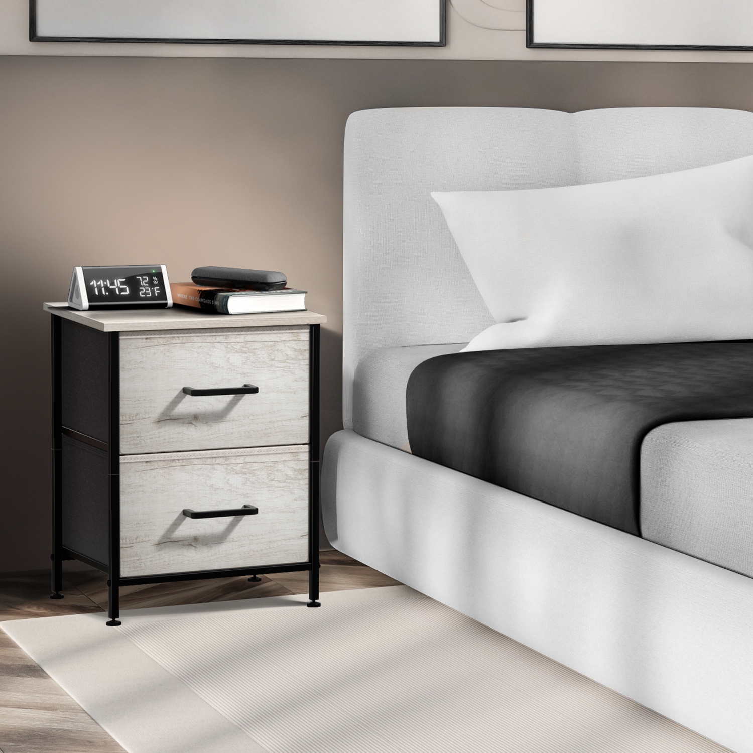 Table de chevet Sorbus à 2 tiroirs | Cadre en acier, dessus en bois et bacs en tissu faciles à tirer | Idéal pour le bureau de la maison ou la