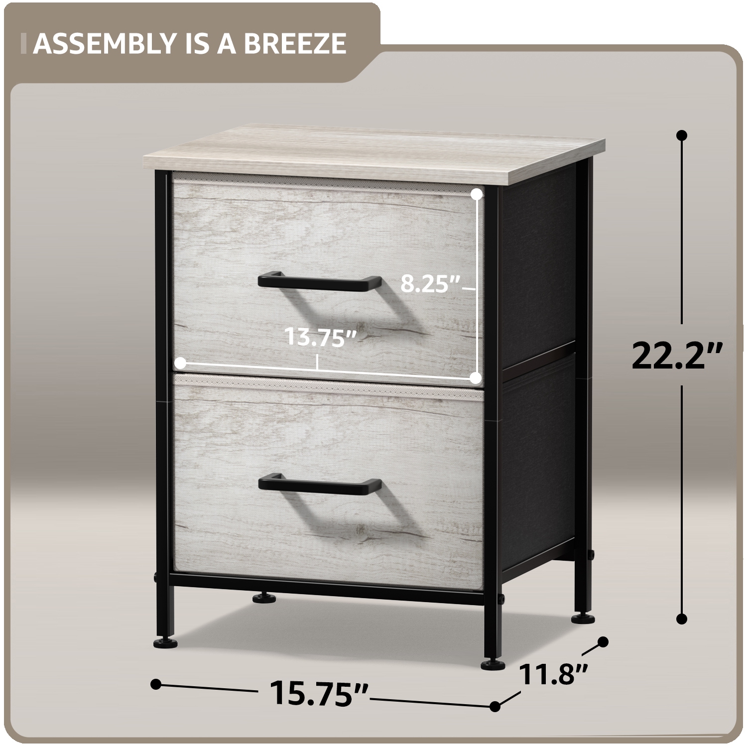 Table de chevet Sorbus à 2 tiroirs | Cadre en acier, dessus en bois et bacs en tissu faciles à tirer | Idéal pour le bureau de la maison ou la
