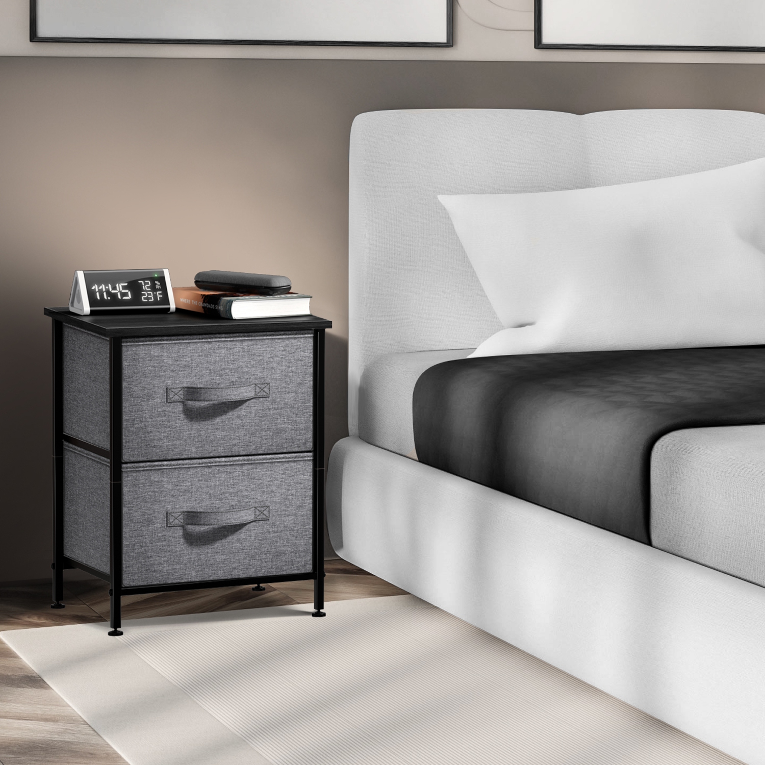 Table de chevet Sorbus avec 2 tiroirs | Cadre en acier, dessus en bois et bacs en tissu faciles à tirer | Idéal pour le bureau de la maison ou la