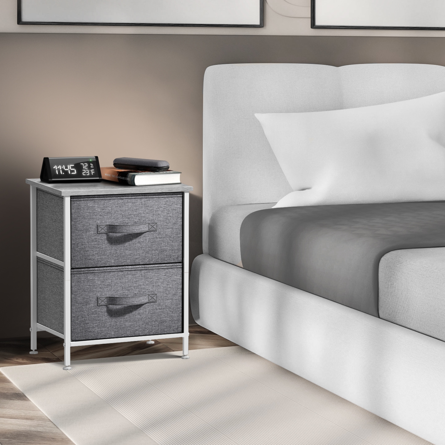 Table de chevet Sorbus à 2 tiroirs | Cadre en acier, dessus en bois et bacs en tissu faciles à tirer | Idéal pour le bureau de la maison ou la