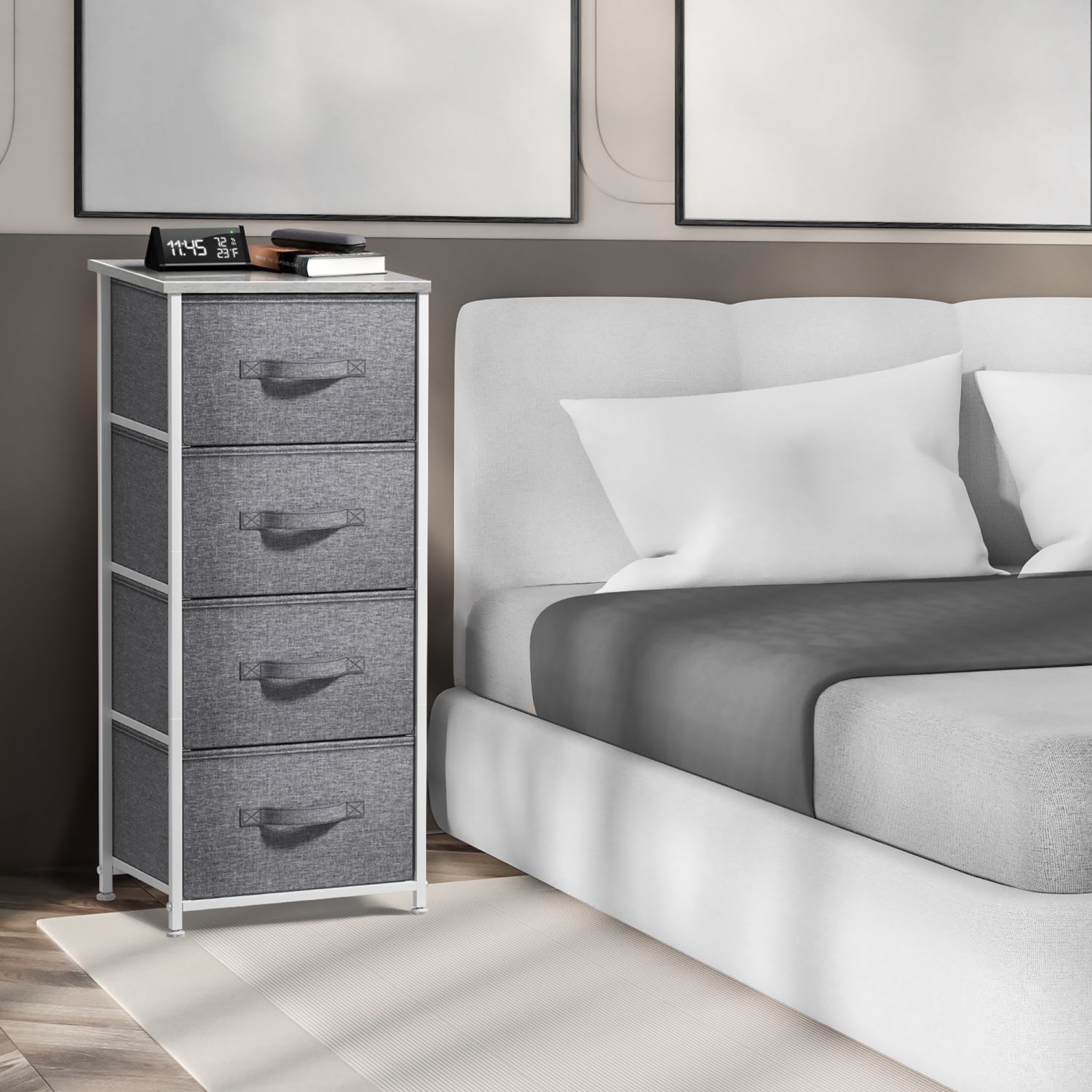 Table de chevet à 4 tiroirs Sorbus | Rangement pour la maison ou le collège | Cadre en acier, dessus en bois et bacs en tissu - Gris